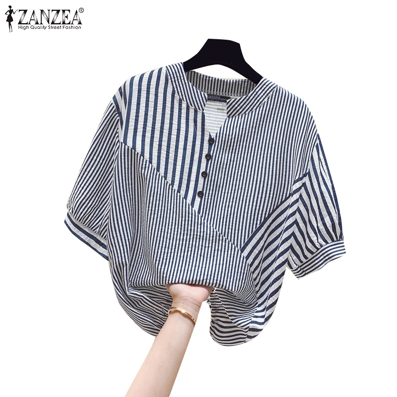Zanzea เสื้อเชิ้ต ลายทาง คอปก ผ่าข้าง ชายไม่เท่ากัน สไตล์เกาหลี สําหรับผู้หญิง