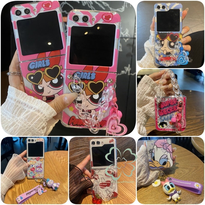 SAMSUNG จี้น่ารักกรณีพลิกใส ซัมซุง กาแลคซี Z พลิก 6 Z พลิก 5 Z พลิก 4/3 ปลอกพร้อมสายรัดสร้อยข้อมือใสสาวผู้หญิงกันกระแทกฮาร์ดพีซีปกหลัง
