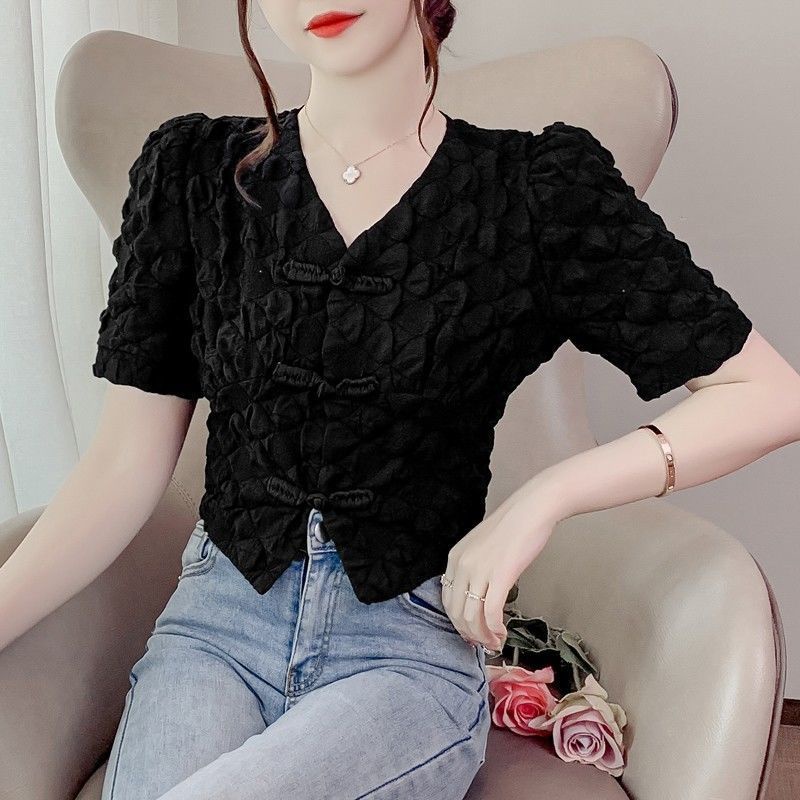 เสื้อเชิ้ตแขนสั้น คอวี แต่งหัวเข็มขัด แฟชั่นฤดูร้อน สําหรับผู้หญิง - รูปที่ 5