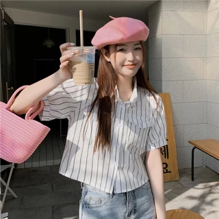 🌻Lune_Grace🌻W264#เสื้อเชิ้ดแขนสั้นลาายทางวินเทจสำหรับผู้หญิง คอปกตัวสั้น