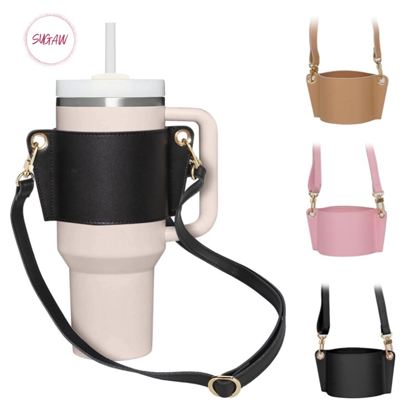 หนัง PU Stanley Holder กระเป๋าที่วางขวดน้ํา Tumbler ถ้วยกาแฟชานมปรับสายคล้องไหล่สลิง Anti-scalding ถ้วยสําหรับ Stanley ขวด SUGAW