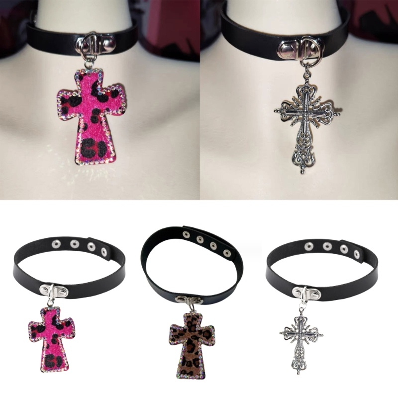 CH Y2K สร้อยคอเสือดาวพิมพ์ Choker พร้อมจี้ข้ามเครื่องประดับโซ่ปรับได้