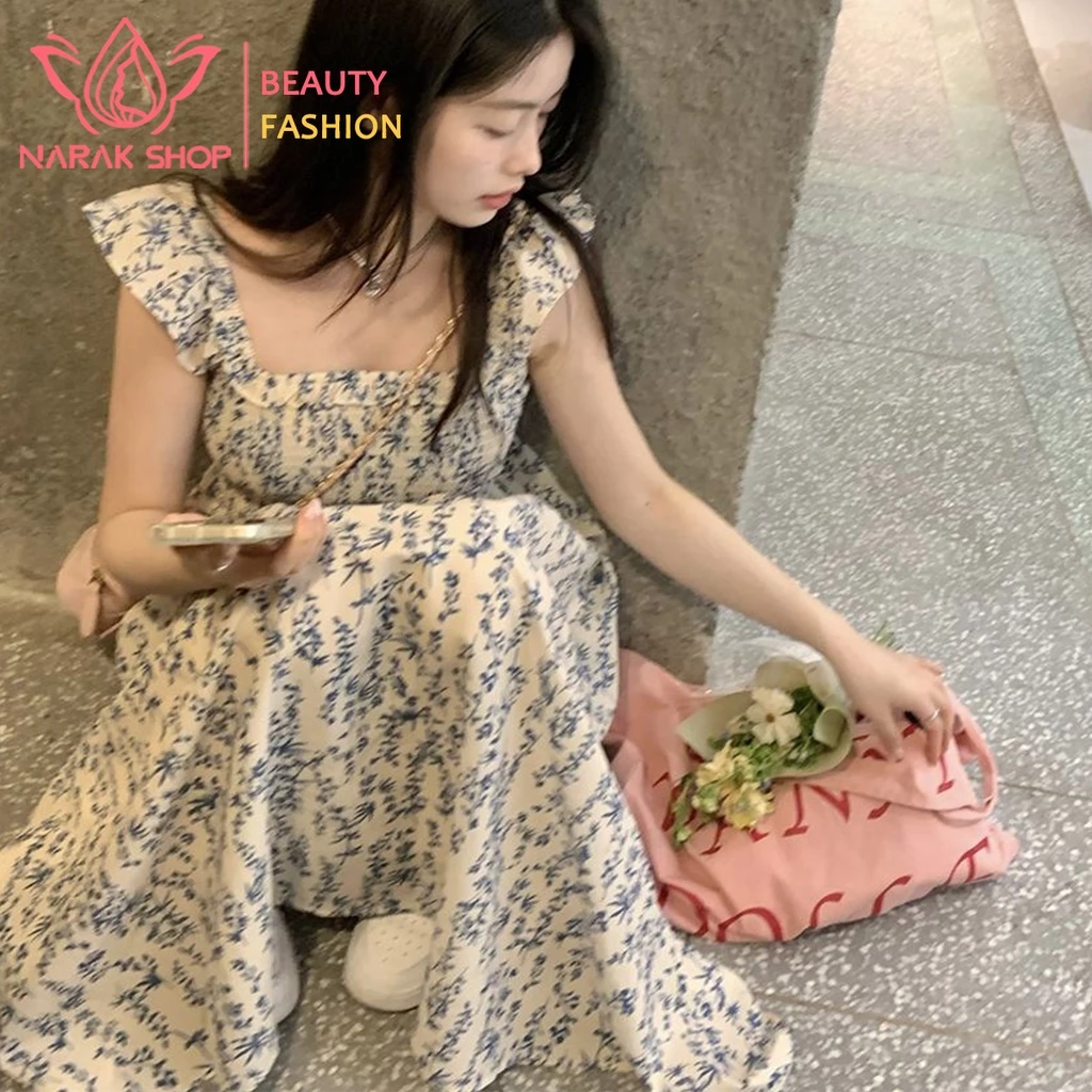 ชุดเดรสกระโปรงยาว แขนกุด ลายดอกไม้ เซ็กซี่ สไตล์เกาหลี