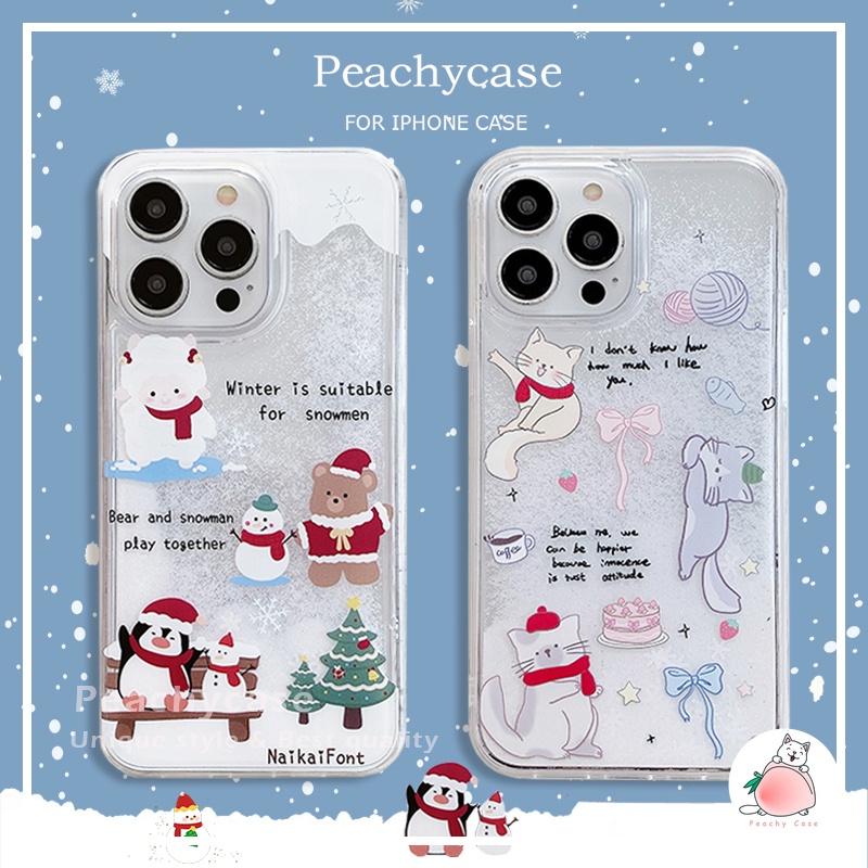 เคสโทรศัพท์มือถืออะคริลิค PC แข็ง กันกระแทก ลายเกล็ดหิมะ และเพนกวิน และแมวน่ารัก สําหรับ iPhone 15 14 13 12 11 Pro Max 15pro