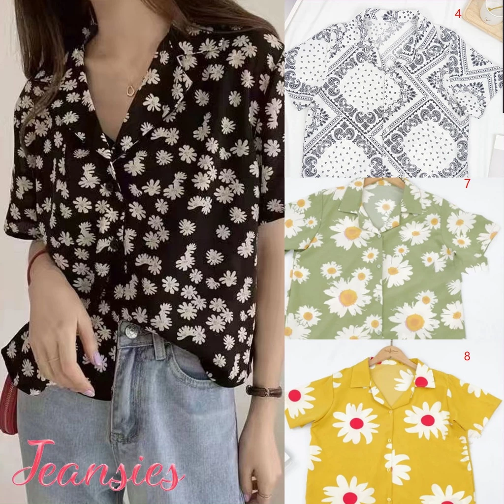 เสื้อเบลาส์แขนสั้น ติดกระดุม ลายดอกไม้ แฟชั่นเกาหลี สำหรับผู้หญิง