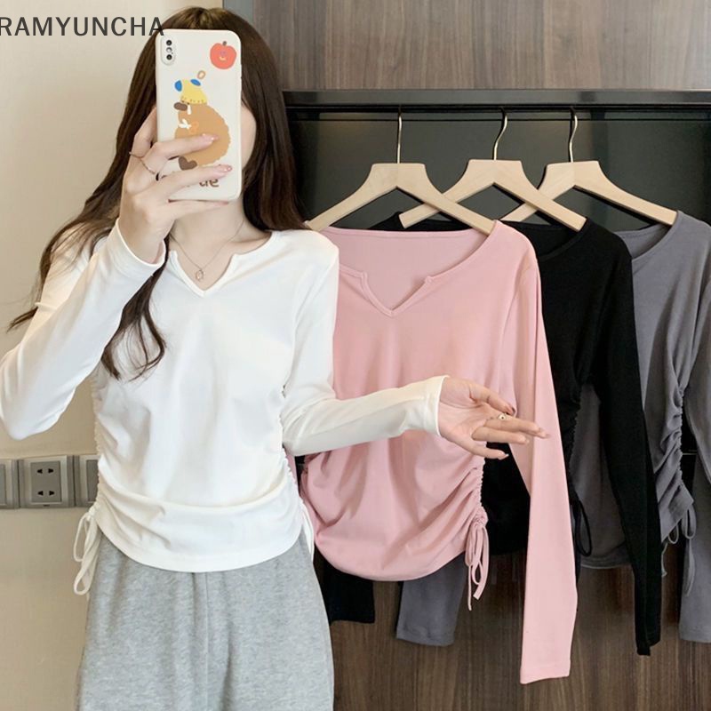 Ram มาใหม่เสื้อยืดแขนยาวฤดูใหม่ไม้ร่วง สีพื้นสไตล์เกาหลี ผ้านุ่มสวมใส่สบาย OTC