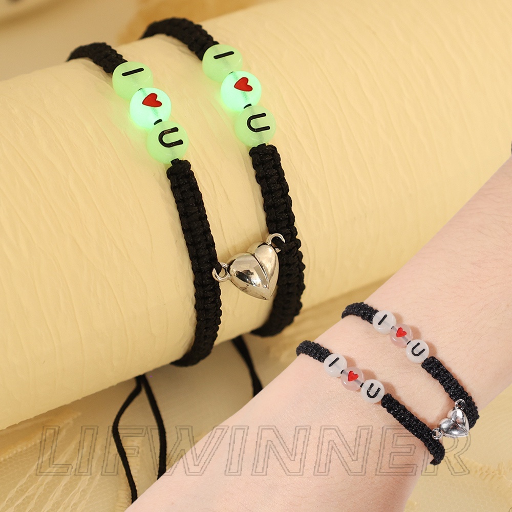 สร้อยข้อมือลูกปัดแม่เหล็ก รูปหัวใจ I LOVE U เรืองแสง 1 คู่ - เชือกถัก แฮนด์เมด แบบคู่ - โรแมนติก, ปรับได้ - เครื่องประดับของขวัญสําหรับวัยรุ่น, เด็กผู้หญิง, คนรัก, ของขวัญแฟนสาว
