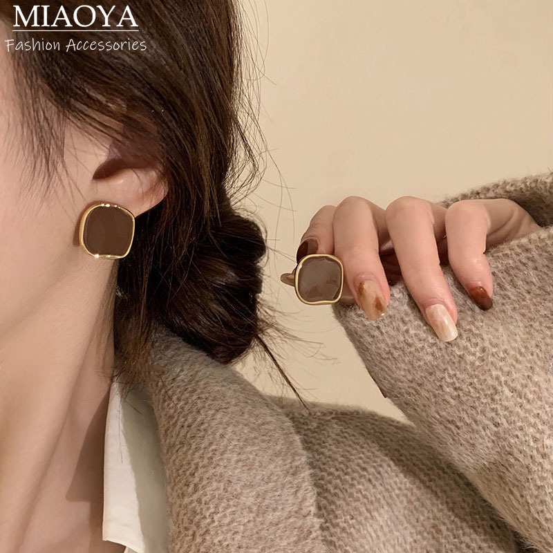 ต่างหูสตั๊ด เคลือบสีกาแฟ ทรงสี่เหลี่ยม สีดํา เรียบง่าย เครื่องประดับแฟชั่น ของขวัญวันเกิด สําหรับผู้หญิง