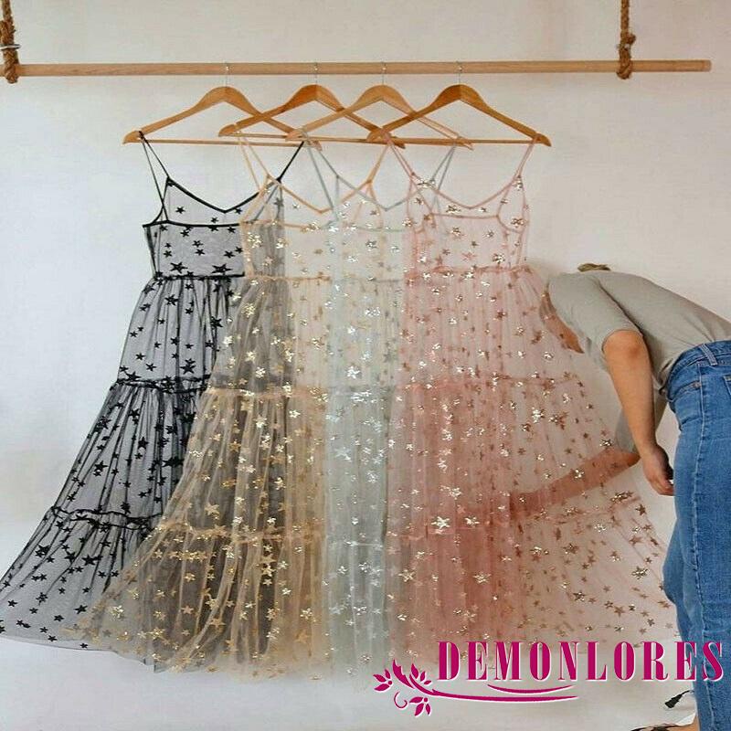 Demonlores-ผู้หญิงตาข่ายดูผ่านชุด Beachwear จีบยาว Maxi Dress