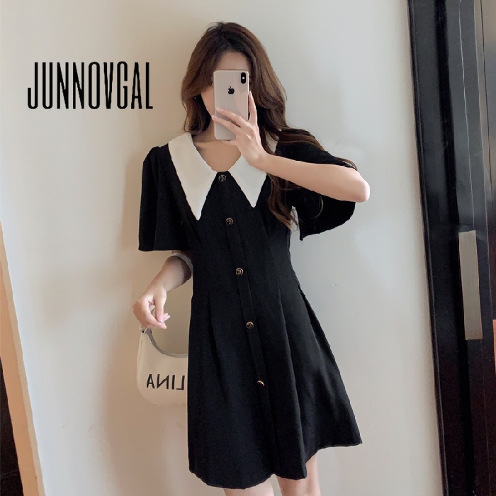 JUNNOVGAL มินิเดรสผู้หญิงแฟชั่นสไตล์ใหม่สีตัดกันเปิดลงคอปกแขนยาว