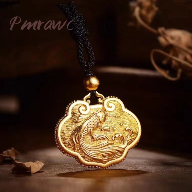 Au999 ความปลอดภัยล็อคจี้ Gold-Plated Vintage Koi อายุยืนล็อคจี้ปลาคาร์พ Ruyi Pin ล็อคสร้อยคอ FJ1606