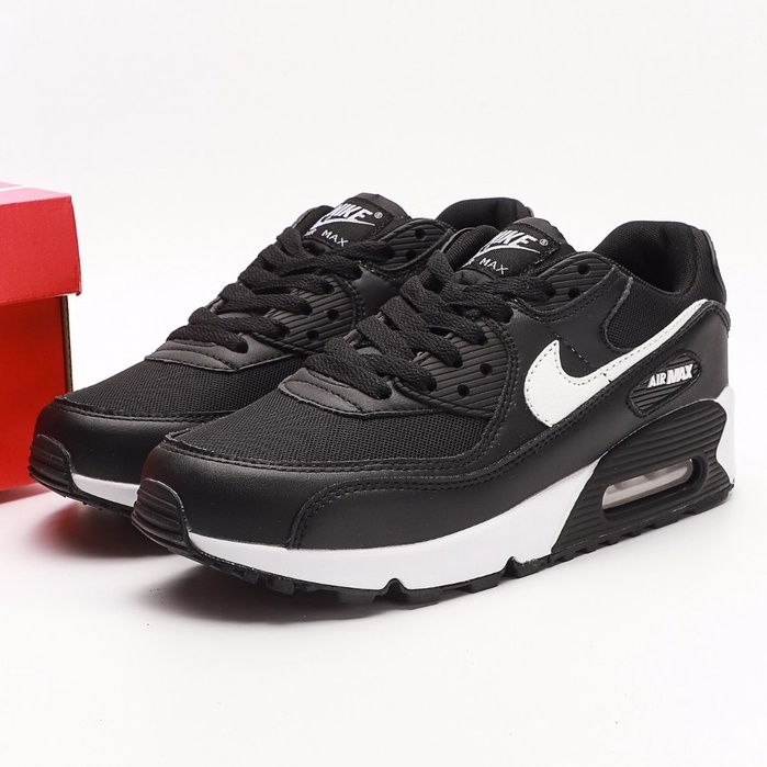 Nike Air Max 90 รองเท้าวิ่งสีดำ/ขาวรองเท้าผ้าใบลำลองสำหรับผู้ชายและผู้หญิง ป้องกันการสึกหรอ