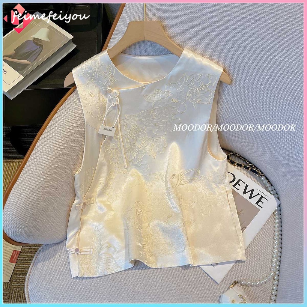 เสื้อแจ็กเก็ตแขนกุด ปักลาย สีขาว สไตล์จีน สําหรับผู้หญิง