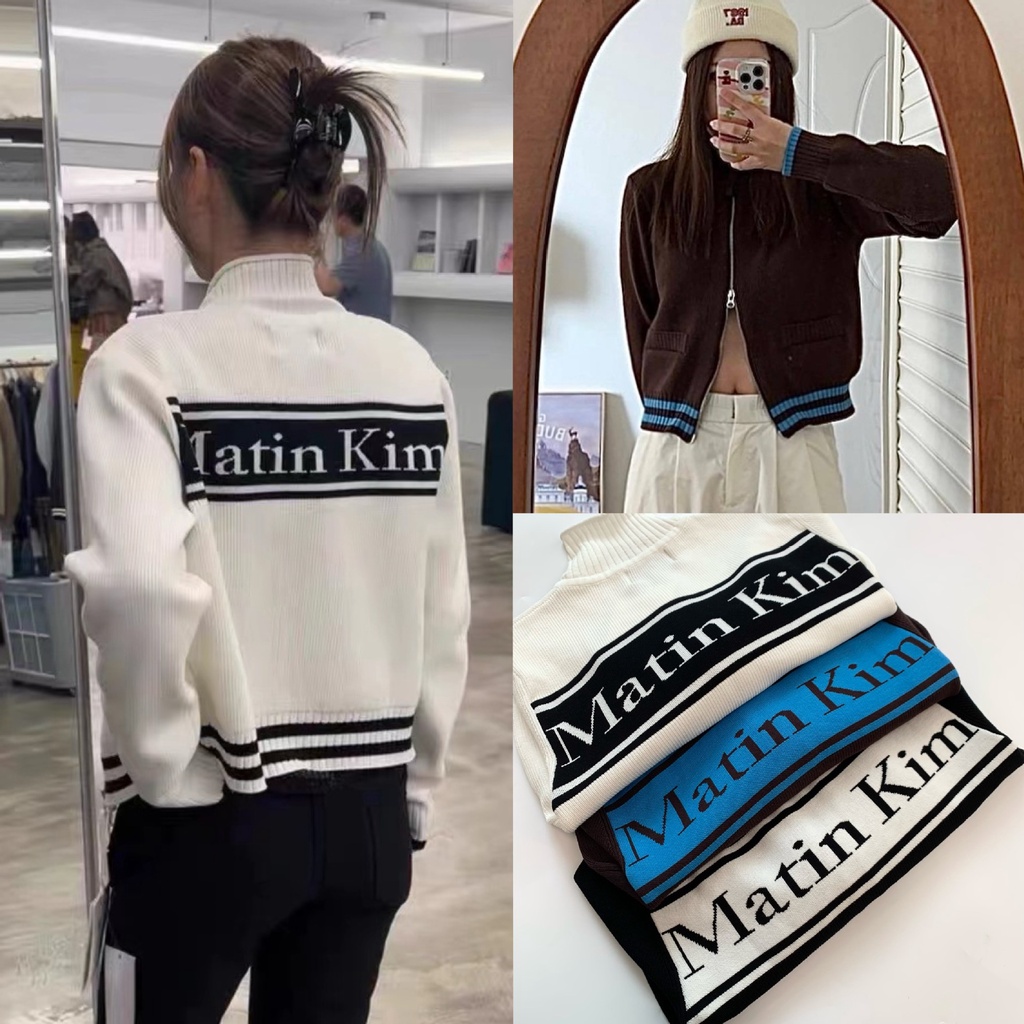 [SR-STUDIO] เสื้อแจ็กเก็ต มีซิปสองหัว พิมพ์ลายตัวอักษร Matin Kim สําหรับผู้หญิง