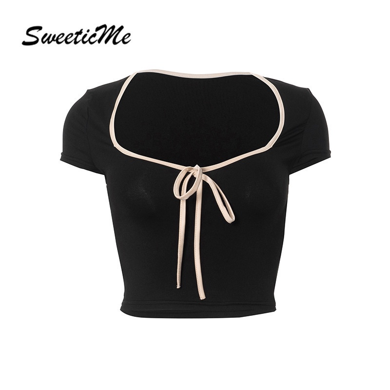 Sweeticme เสื้อยืดลําลอง แขนสั้น คอสี่เหลี่ยม สีตัดกัน แฟชั่นใหม่ สําหรับสตรี 2023