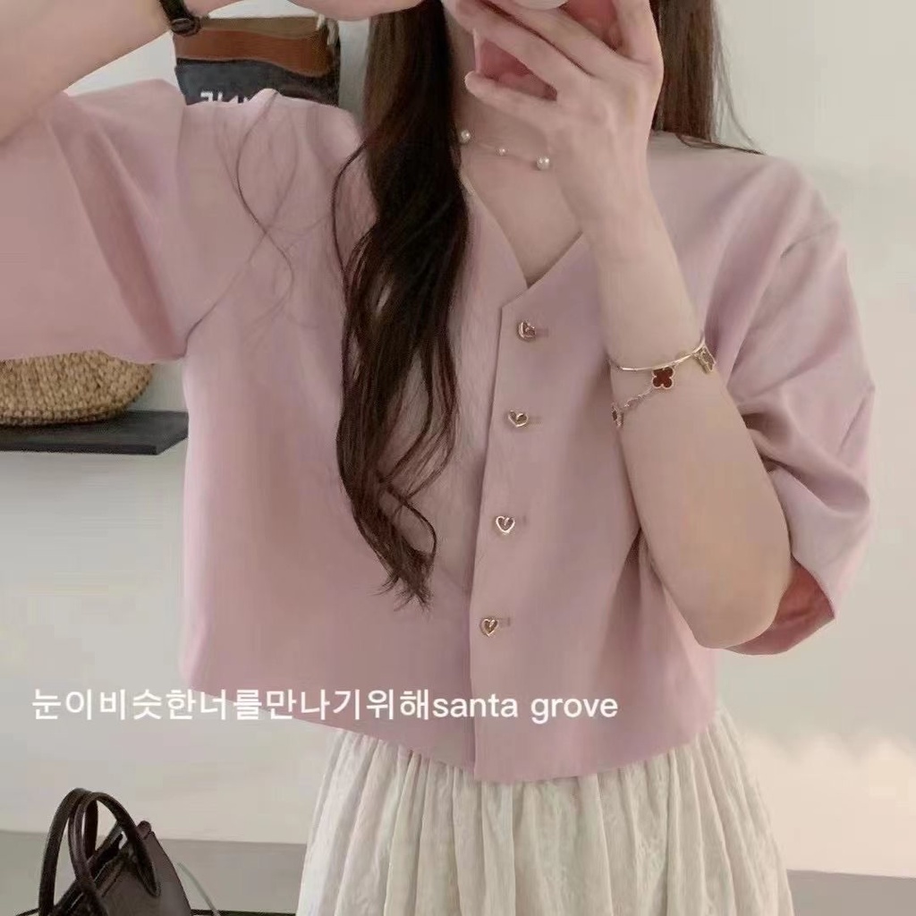 เสื้อแจ็กเก็ตแขนสั้น คอวี แบบบาง แต่งกระดุม รูปหัวใจ แฟชั่นสไตล์เกาหลี สําหรับผู้หญิง