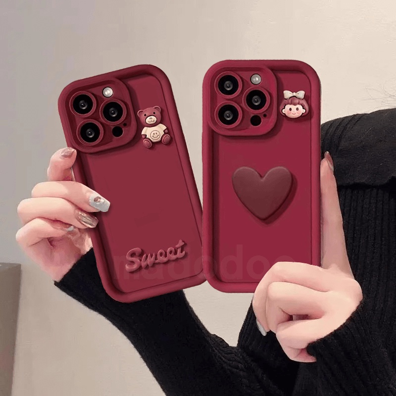 เคส Cute Realme 12 11 10 Pro Pro+ 9i 4G 5G 9 8i 8 C17 7i 7 6 Plus 2 C1 C15 C12 C25 C25S C20 C11 2021 Narzo 20 30 ProPlus 30A High Quality Thicken Edge Fine Hole Scrub Cartoon Love Girl Sweet  Bear Wine red Anti-fall Soft Phone Case JGS 02