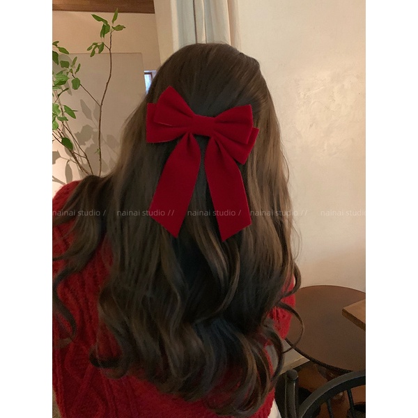 กิ๊บติดผม ผ้ากํามะหยี่ ประดับโบว์ สีแดง แฟชั่นฤดูใบไม้ร่วง และฤดูหนาว สไตล์ฝรั่งเศสเรโทร 2024
