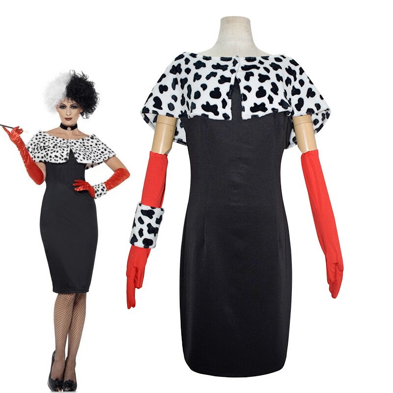 Cruella De Vil ชุดเดรสคอสเพลย์แม่บ้าน สีดํา สีขาว พร้อมผ้าคลุม เหมาะกับปาร์ตี้ฮาโลวีน สําหรับผู้หญิง
