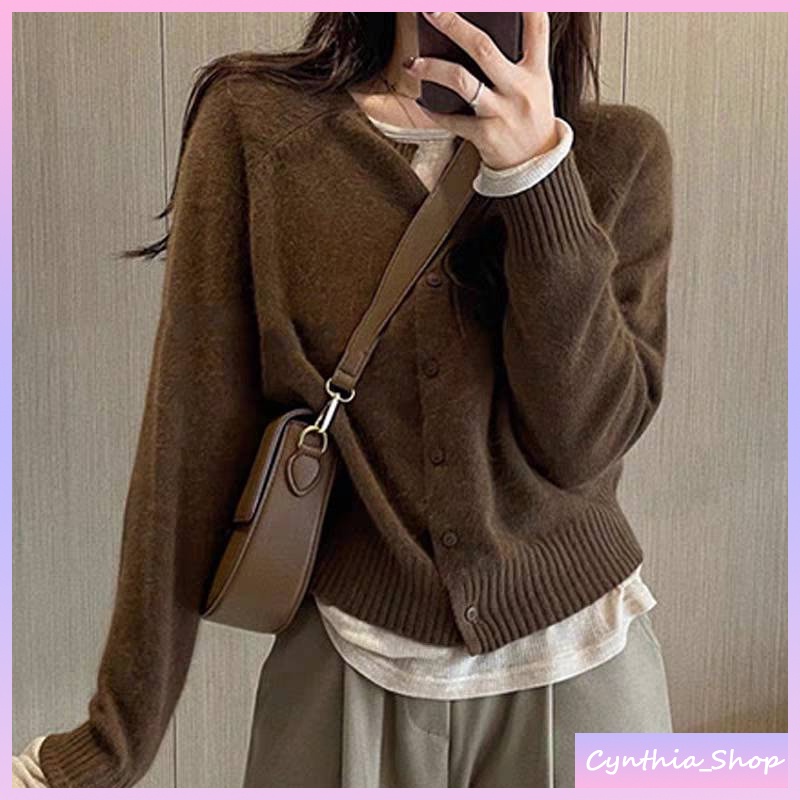 ✨Cynthia✨พร้อมส่ง🚚 เสื้อไหมพรม เสื้อคลุมคาร์ดิแกนกันหนาว แขนยาว ผ้าถัก สีพื้น สไตล์เกาหลี มีให้เลือก11สี #K28