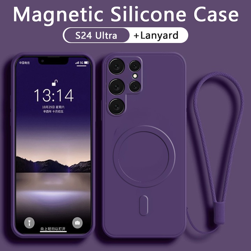 เคส Samsung S24 Ultra S24 FE Plus ซิลิโคนแม่เหล็กรองรับการชาร์จไร้สายนุ่มกันกระแทกฝาครอบเต็มกล้องฟรีเชือกเส้นเล็กปกเชือกสายกันกระแทก