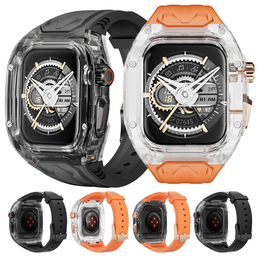 เคส PC สุดหรู + สาย TPU สําหรับ iWatch 45 มม. 44 มม. สายหัวเข็มขัดสเตนเลส สําหรับ iWatch 9 8 7 6 5 4 ดัดแปลง DIY