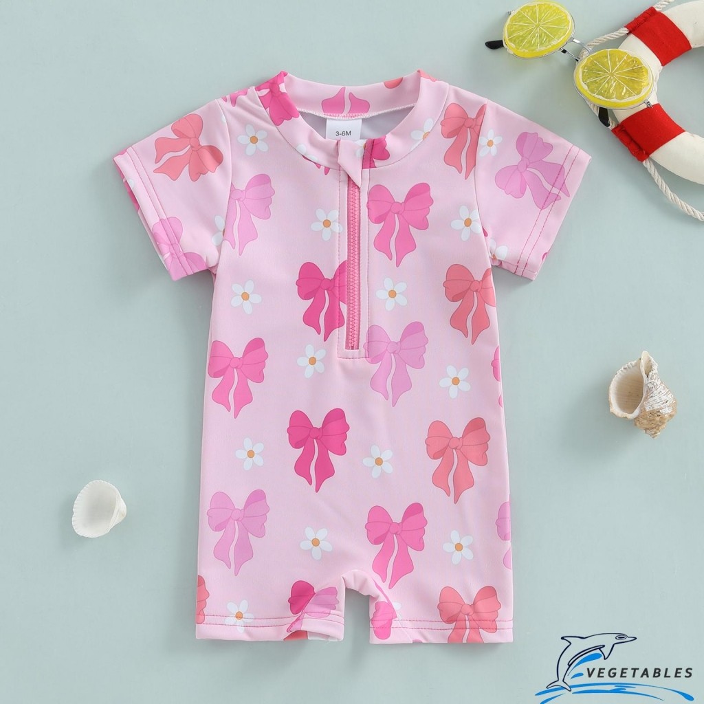 Zhy-girls Rash Guard ชุดว่ายน้ําแขนสั้น O คอครึ่ง Zip Up ดอกไม้พิมพ์ว่ายน้ํา Romper