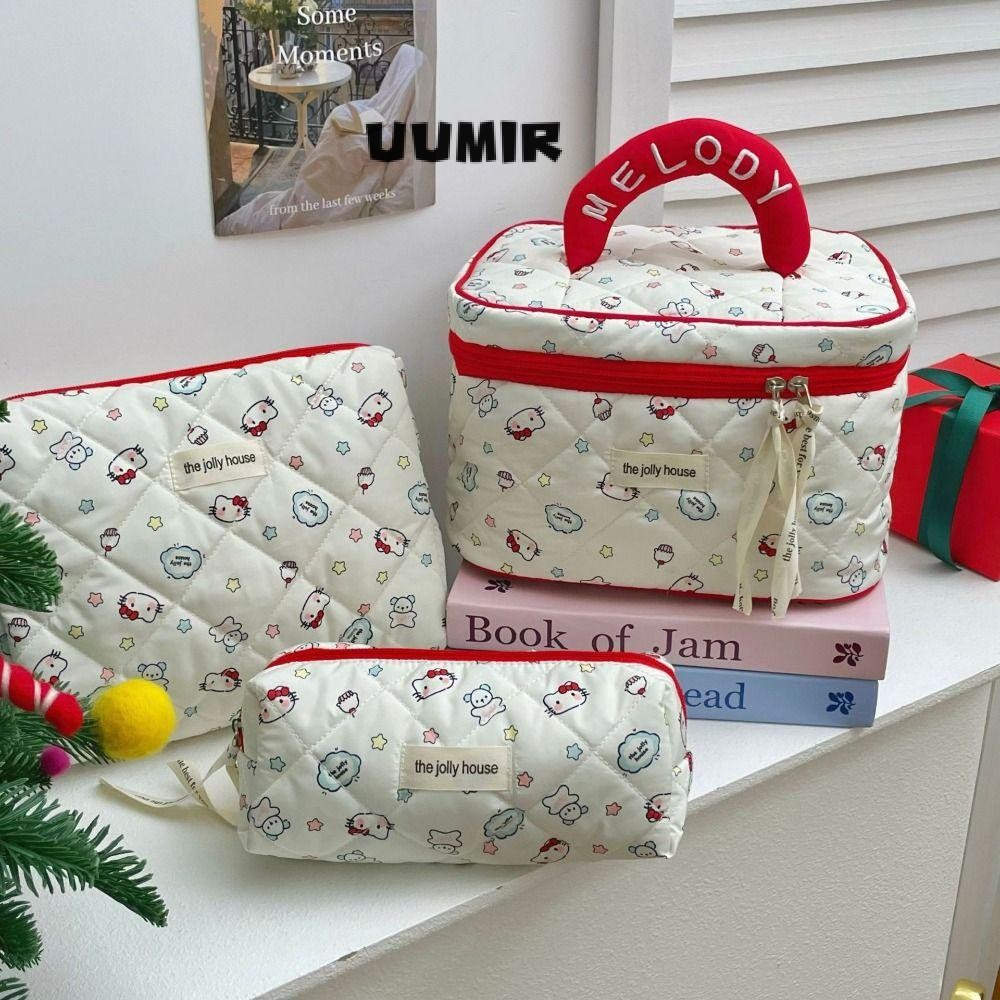 Uumir กระเป๋าแต่งหน้า, กระเป๋าเครื่องสําอางผ้าฝ้ายควิลท์ Hello Kitty, กระเป๋าเดินทางเครื่องเขียนมัลติฟังก์ชั่นลายการ์ตูนความจุขนาดใหญ่