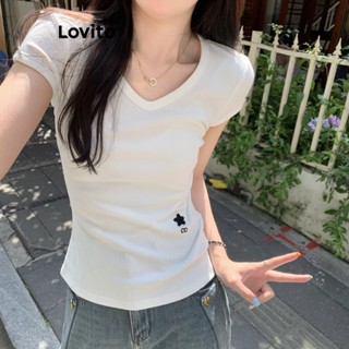 Lovito เสื้อยืดลําลอง แขนสั้น ปักลาย สําหรับผู้หญิง LNE21075 (สีขาว)