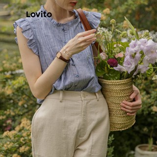 Lovito เสื้อเบลาส์ลําลอง ลายสก๊อต มีกระดุม สําหรับผู้หญิง LNA21163 (สีฟ้า)