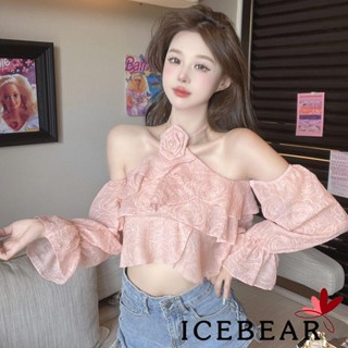 Ice- เสื้อครอปท็อป เปิดไหล่ คอปาด พิมพ์ลายดอกไม้ 3D 90s สไตล์สตรีท สําหรับผู้หญิง