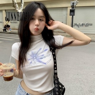 จุนนอฟกัล เสื้อยืดผู้หญิงแฟชั่นใหม่สีขาวครึ่งคอเต่าด้านหน้าไ…