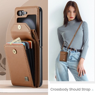 เคสหนัง ฝาพับแม่เหล็ก พร้อมสายคล้อง และช่องใส่บัตร สําหรับ Samsung Galaxy Z Flip 5 5G