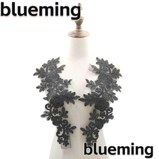 Blueming2 แผ่นแพทช์ ปักลายลูกไม้ ดอกไม้ ใบไม้ ยาว 13.39x4.72 นิ้ว แฮนด์เมด สีดํา สําหรับเย็บปักถักร้อย 2 คู่