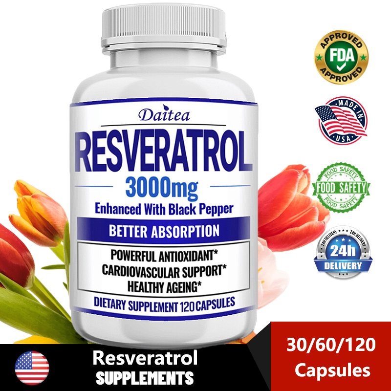 Resveratrol 3000mg ต้านวัย ชะลอความแก่ดีที่สุด เข้มข้นสูง 120แคปซูล