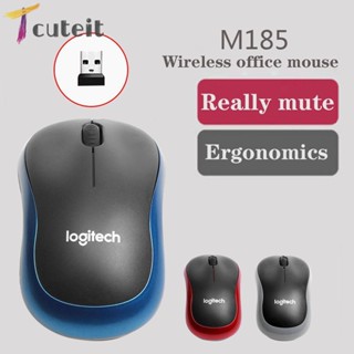 Tcuteit Logitech M185 เมาส์ออปติคอลเล่นเกมไร้สาย 2.4 GHz 1,000DPI 3 ปุ่ม