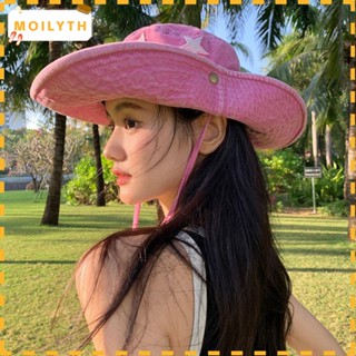 Moilyth หมวกคาวบอย ผ้ายีน ป้องกันแดด ขนาดใหญ่ พับได้ ลายดาว สีชมพู สไตล์พังก์ สําหรับผู้หญิง และผู้ชาย