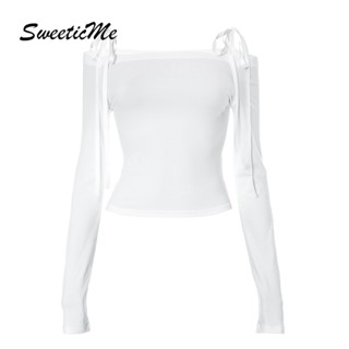 Sweeticme เสื้อยืดแขนยาว เปิดไหล่ ประดับโบว์ เซ็กซี่ เข้ากับทุกการแต่งกาย แฟชั่นสําหรับผู้หญิง 2023