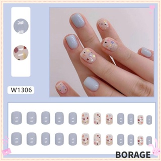 Borag เล็บปลอมแฟชั่น ทรงกลม สั้น สีฟ้า สไตล์ฝรั่งเศส สําหรับตกแต่งเล็บ DIY