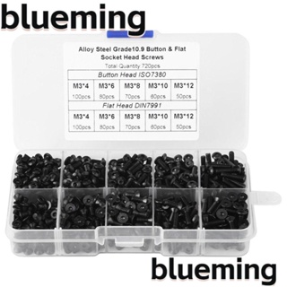 Blueming2 ชุดสกรูหัวแบน สกรูเมตริก M3 4 6 8 10 12 มม. พร้อมกล่องเก็บ สีดํา เกรด 10.9 สําหรับผู้ชาย 720 ชิ้น