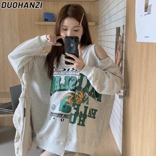 Duohanzi เสื้อกันหนาว คอกลม แขนยาว เปิดไหล่ พิมพ์ลาย ทรงหลวม สําหรับผู้หญิง