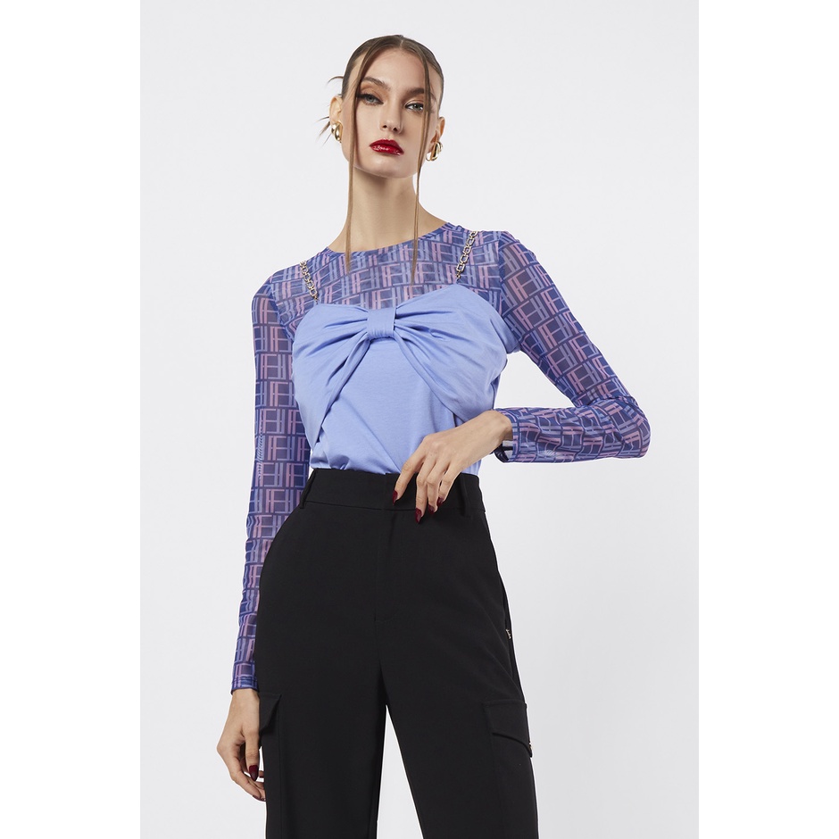 f.fashion เสื้อโบว์สายเดี่ยวโซ่เปิดไหล่ ผู้หญิง สีม่วงเข้ม | Off-Shoulder Bow Camisole with Chain Straps | 06271