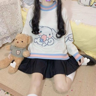 เสื้อกันหนาวแขนยาว คอกลม ผ้าถัก ปักลายการ์ตูนอนิเมะ Sanrio Cinnamoroll ทรงหลวม สไตล์ญี่ปุ่น แฟชั่นฤดูใบไม้ผลิ และฤดูใบไม้ร่วง สําหรับผู้หญิง