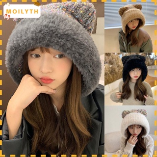 Moilyth หมวกบีนนี่ ผ้าถักหนา แต่งหูหมีน่ารัก ให้ความอบอุ่น สีพื้น แฟชั่นฤดูหนาว สําหรับผู้หญิง