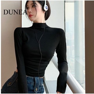 Dunea เสื้อครอปท็อป แขนยาว คอกึ่งสูง จับจีบ เซ็กซี่ สําหรับผู้หญิง