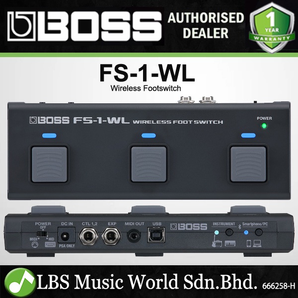 Boss FS-1-WL บลูทูธไร้สาย Footswitch พร้อม USB และ TRS (FS1WL FS1 WL)