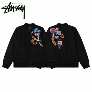 เสื้อแจ็กเก็ตเบสบอล ผ้าฝ้าย 100% ปักลายโลโก้ Stüssy สําหรับผู้ชาย และผู้หญิง