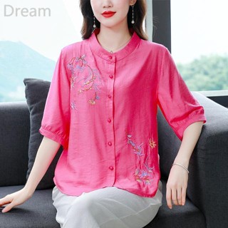 Cotton and linen embroidered shirt womens summer new short-sleeved shirt moms western style loose temperament all-match top fashion