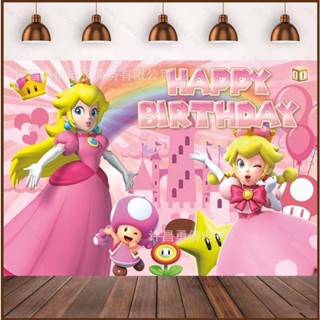 Kira Mario Princess Peach ธีมสีชมพู แบนเนอร์ตกแต่งปาร์ตี้ ถ่ายภาพ พื้นหลังผ้า