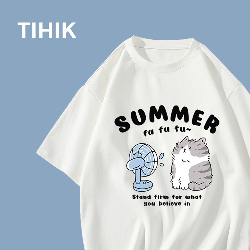 TIHIK เสื้อลายแมว oversize ผ้าฝ้าย100 เสื้อยืดคอกลมแขนสั้น ไซซ์ S-2XL T0195
